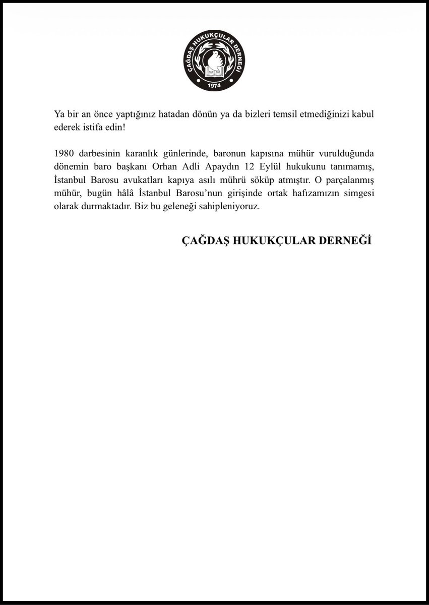 Türkiye Barolar Birliğine Çağrı
Avukatları yargı sujesi olarak görmeyen, temel hak ve özgürlüklerin düşmanı Gürlek’i ziyaret etmekle itaat ve biat mesajı veren Birlik’i kınıyoruz. 
Ya bir an önce yaptığınız hatadan dönün ya da bizleri temsil etmediğinizi kabul ederek istifa edin!