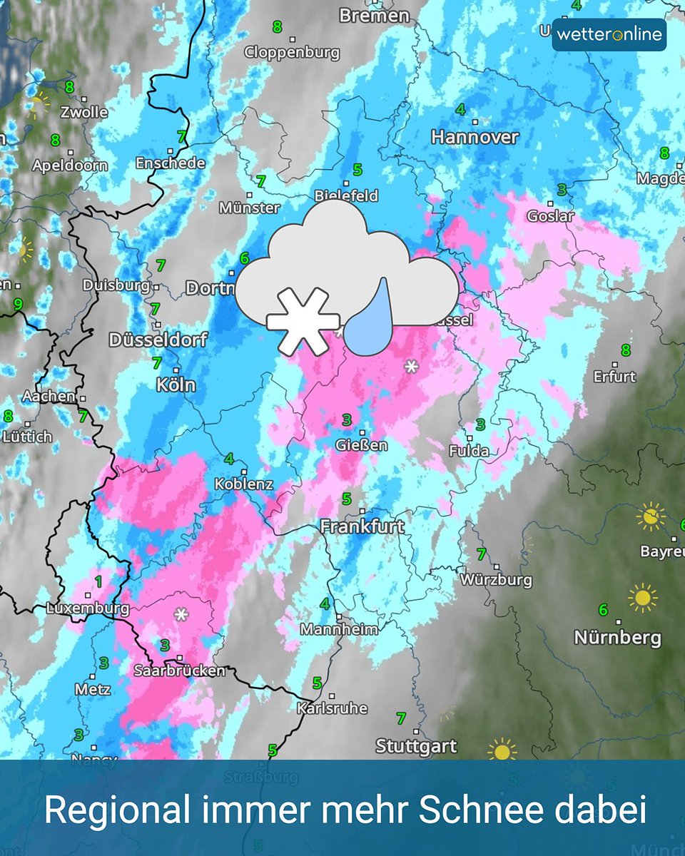 WetterOnline's tweet image. 🌧️❄️ Niederschlagsband bringt Regen &amp;amp; Schnee! Oberhalb ~400 m wird’s winterlich &amp;amp; glatt. Abends auch im Schwarzwald, Thüringer Wald und an den Alpen Flocken. 
👉️ to.wetteronline.de/regional-schnee 

#Wetter #Regen #Schnee #Deutschland