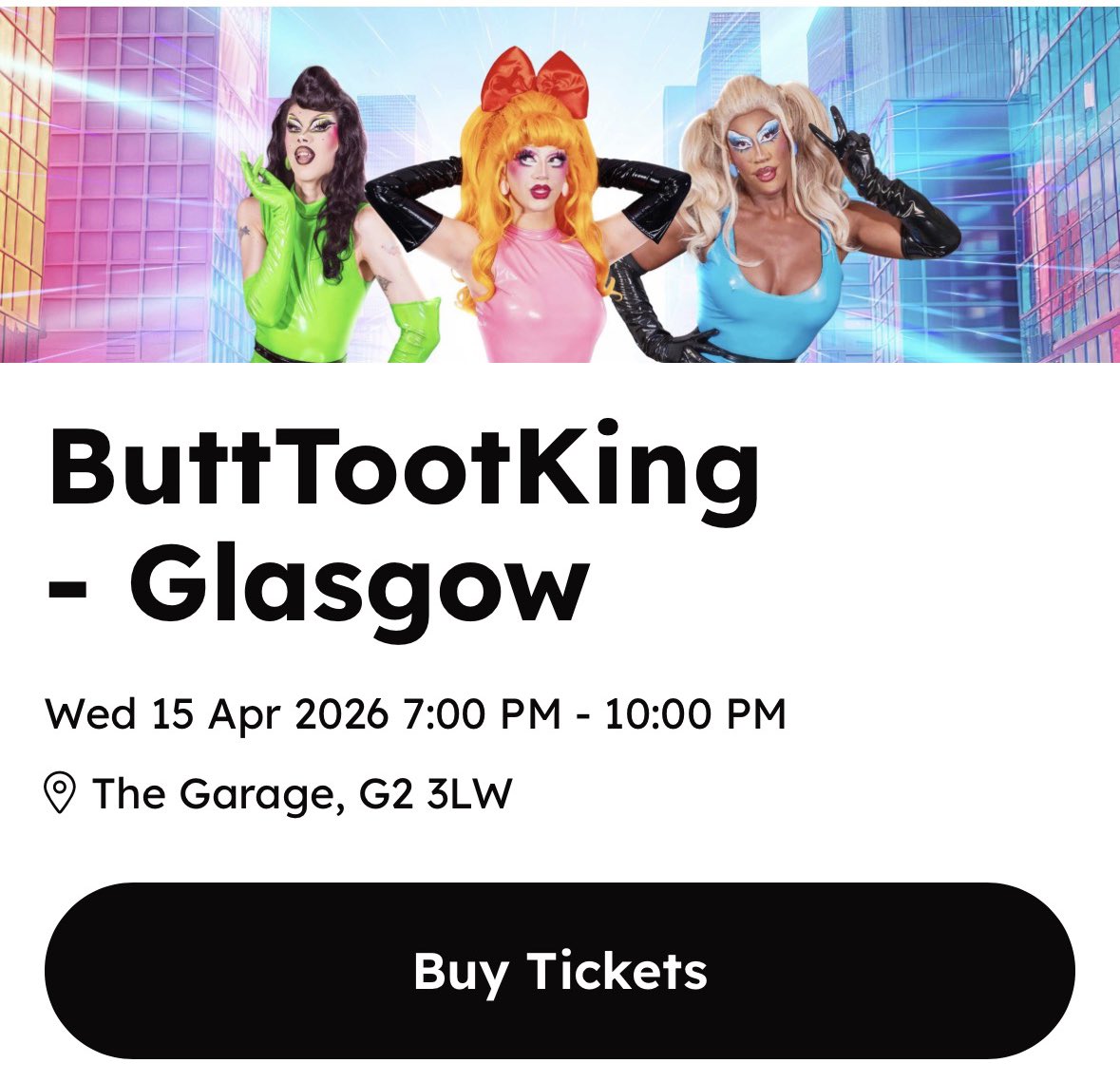 butchtootking's tweet photo. selling 1x VIP ticket to butttootking glasgow show (15th april) !! below face value. pls dm me / respond if u are interested β
#Butttootking #lydiabkollins #koriking #suzietoot https://t.co/pbMsjDT6Na