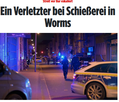 Taykra's tweet image. Am Freitagabend eskalierte ein Streit vor der „Goldbar“ in #Worms. Mehrere Menschen gingen aufeinander los, Schüsse wurden abgefeuert. Eine Person wurde am Bein getroffen. Jetzt ermittelt die Polizei. bild.de/regional/rhein…
