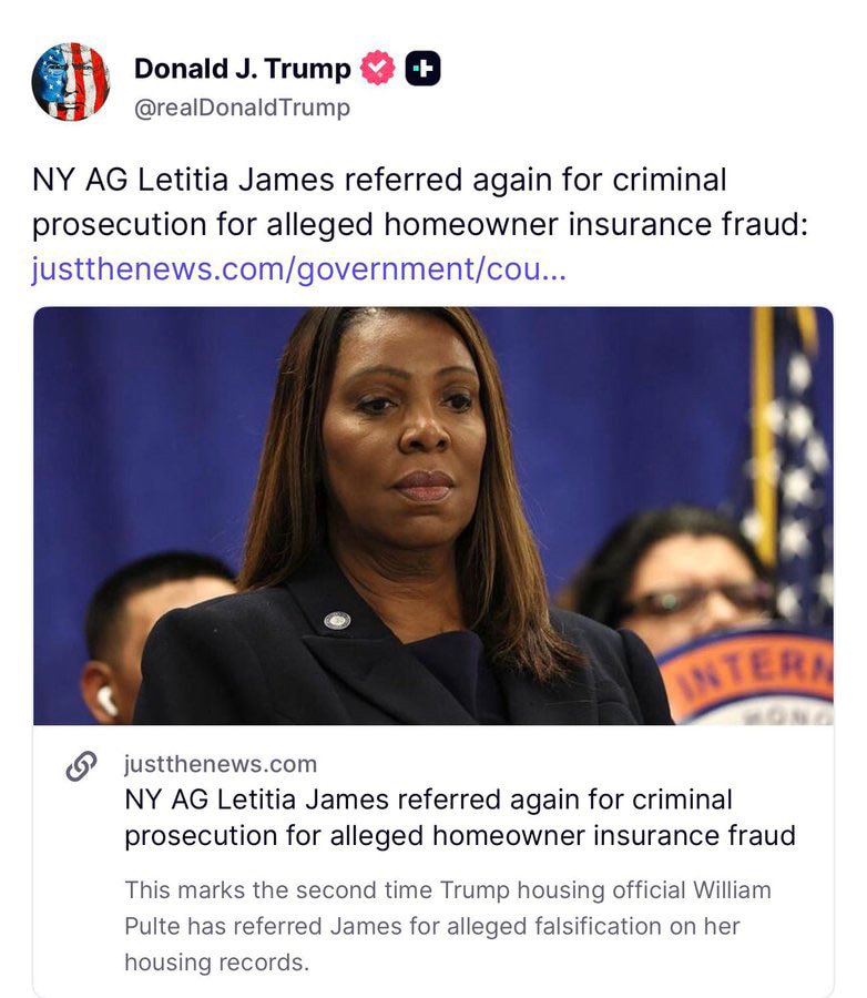 紐約州總檢察長萊蒂西亞詹姆斯再次被移交刑事訴訟，這次是涉嫌房屋保險詐欺！

正義的時刻到了！#James 前几次没做足功课，这次跑不掉了！