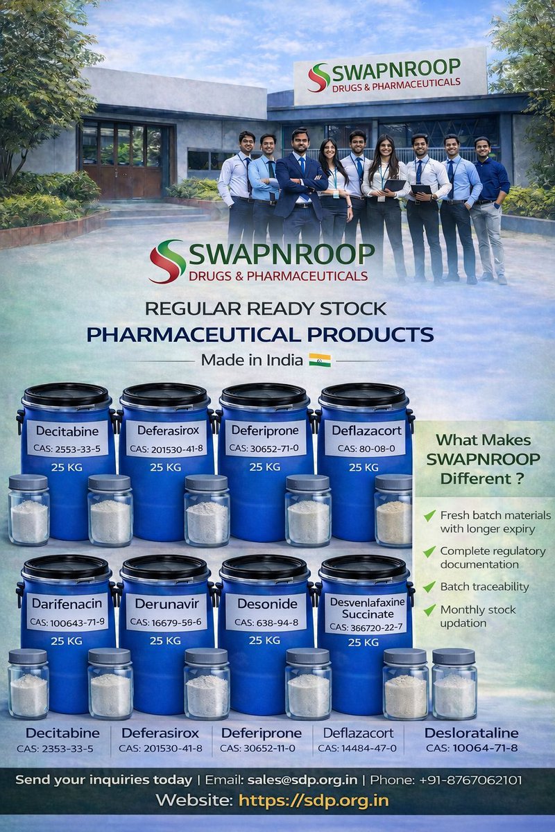 apidrug's tweet photo. Top-Rated API Manufacturer in India | Comprehensive Pharmaceutical Portfolio 🌏💊
Swapnroop Drugs & Pharmaceuticals is a premier API Manufacturer based in Aurangabad, Maharashtra. We are dedicated to providing high-quality Active Pharmaceutical Ingredients with consistent supply and complete regulatory support.
🧪 Our Extensive Product Portfolio:
Antibiotics & Antimalarials: Ampicillin Sodium, Ampicillin Trihydrate, Arbekacin, Artemether, Artemisinin.
Cardiovascular & CNS: Atenolol, Atorvastatin Calcium, Aripiprazole, Atomoxetine HCl, Atracurium.
Specialty & Antidiabetic: Dapagliflozin, Dapagliflozin Propanediol Monohydrate, Dapoxetine, D-Aspartic Acid, D-Limonene.
Critical Care: Decitabine, Deferasirox, Deferiprone, Deflazacort.
✨ Why Partner with Swapnroop?
✅ Fresh Material: High potency and extended shelf life.
✅ Regulatory Compliance: Complete documentation and batch traceability.
✅ Ready Stock: Monthly inventory updates & standard 25 KG export packaging.
✅ Made in India: Trusted quality for global markets.
 Contact Us for Bulk Inquiries:
 Email: sales@sdp.org.in
Phone: +91 - 8767062101
 Website: https://t.co/YQLv0FGXh8

#APIManufacturer #Pharmaceuticals #MadeInIndia #Ampicillin #Dapagliflozin #Decitabine #Deferasirox #Atorvastatin #BulkDrugs #PharmaExport #Aurangabad #Swapnroop #ActivePharmaceuticalIngredients