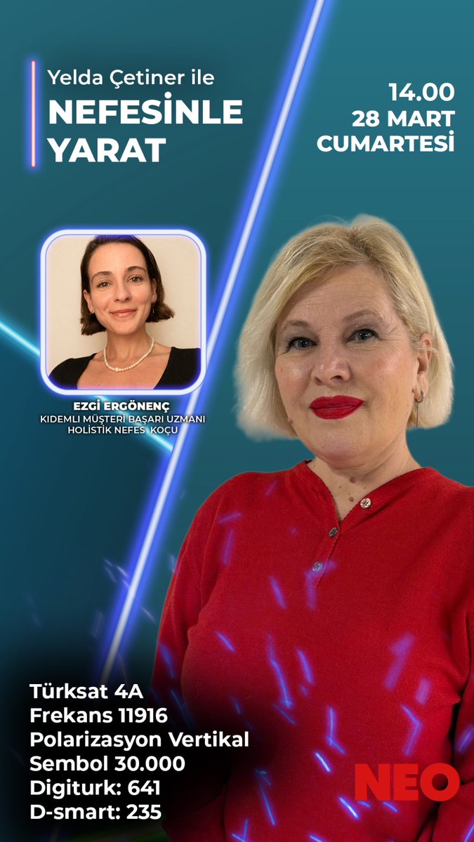 nefespilates's tweet image. 2020'den sonra ilk kez
"Nefesinle Yarat" Programı İle Neo Haber Tv Ekranlarında Saat 14:00'de
Canlı Yayında Buluşuyoruz 🍀

Ulusal Kanal Neo Haber Tv'yi
 İzlemek İçin:
Türksat 4A uydusu,
 Digiturk (641)
 D-Smart (235)
#canlıyayın #tvprogram