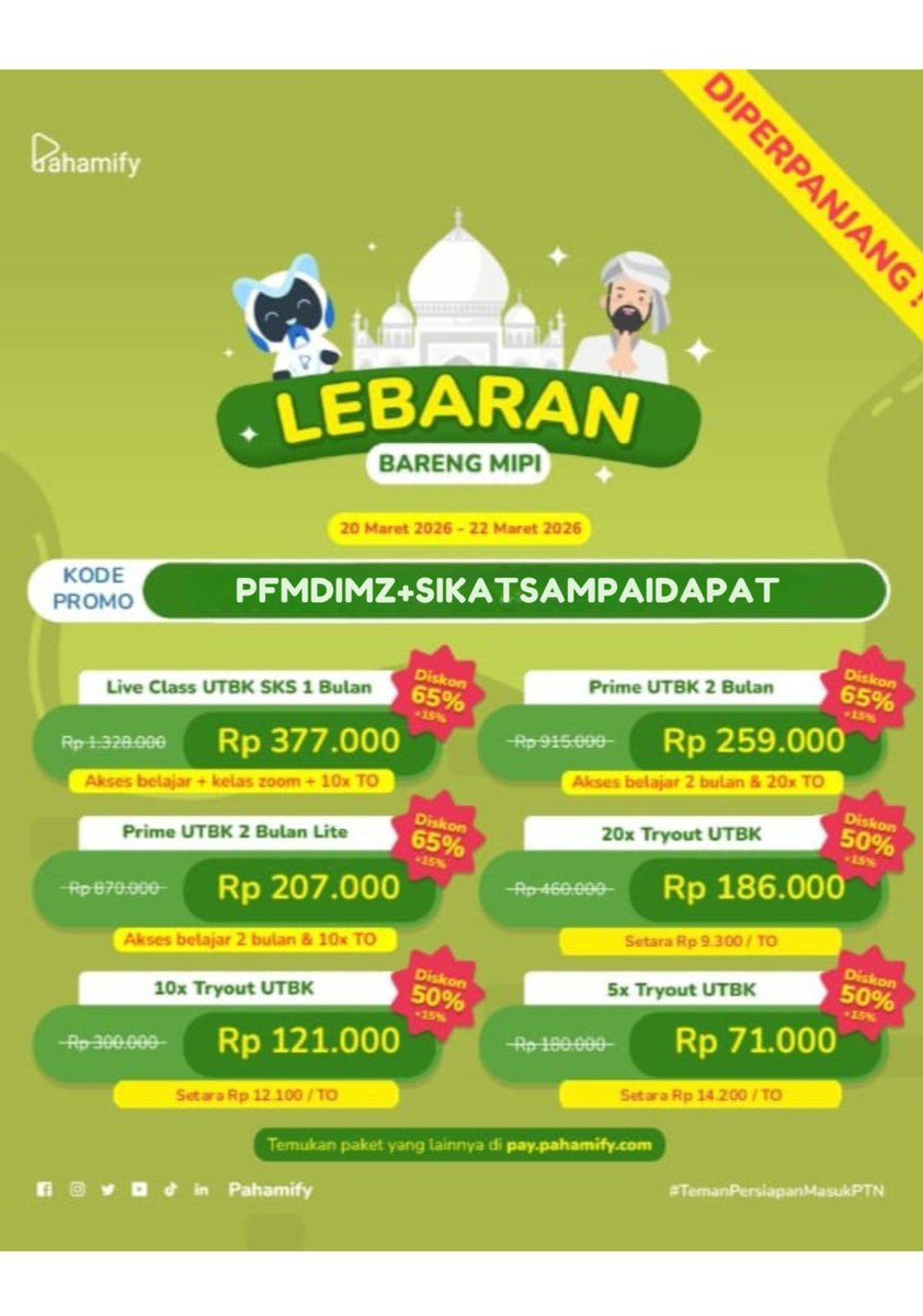 mipykode's tweet photo. Yupp buruan klaim weee

REKOMEN :PRIME UTBK 1 TAHUN/LIVE CLASS UTBK &amp; TKA
ini masih ada diskonnyaa loh, langsung ke web resmi mipy
(PFMDIMZ+SIKATSAMPAIDAPAT)

t. mipy utbk bimbel online les snbt ptn tryout mandiri diskon kode promo pahamify les tka les online simak ui ugm undip https://t.co/tmZ8b62xKd