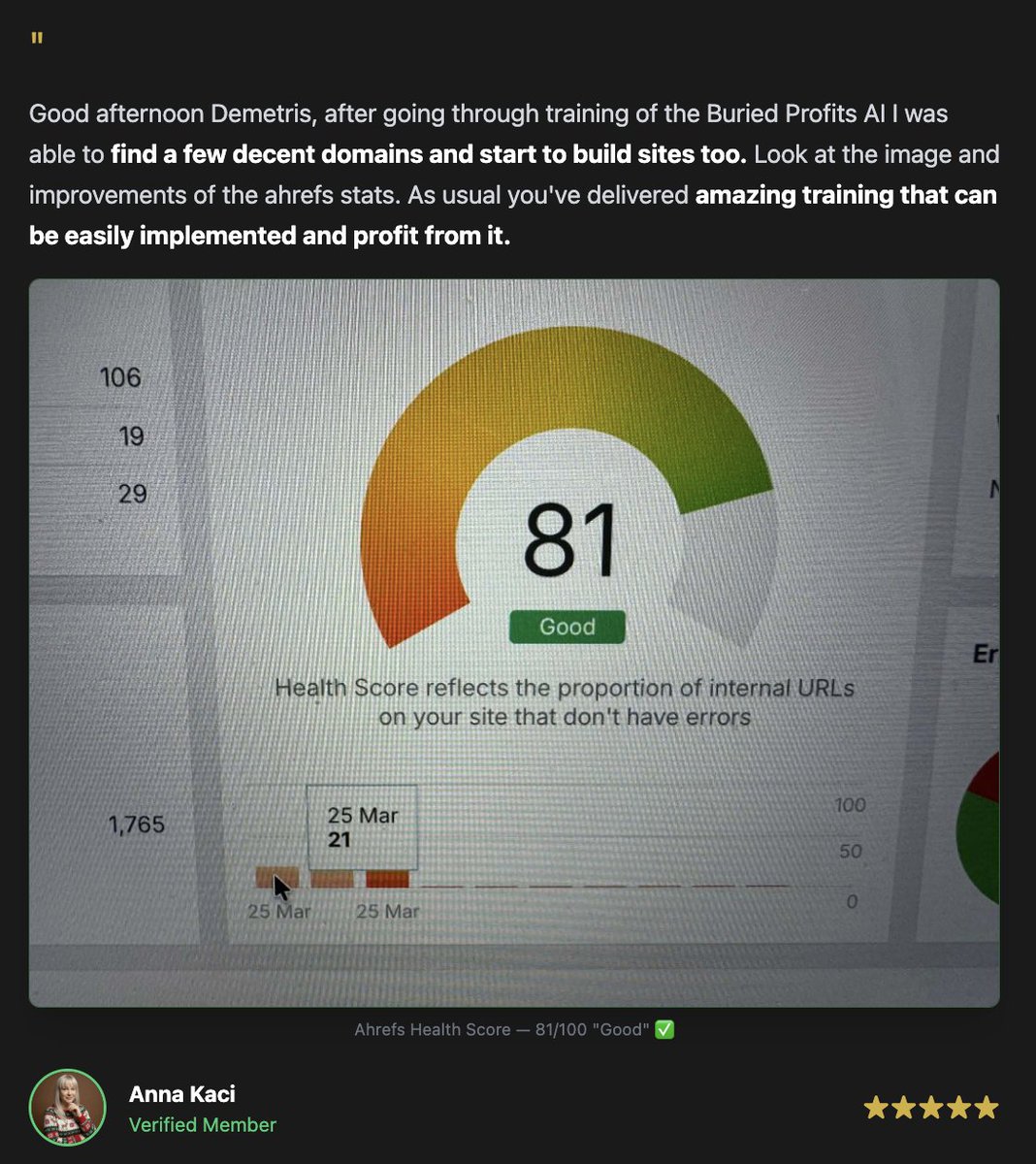 XBossTi's tweet photo. Buried Profits AI Review: I Bought $11 Domains No One Wanted. Here’s What Happened.

I have a confession: I have wasted more money on domain flipping courses than I care to admit. The pattern was always the same. Impressive sales pages. Expensive promises. Zero results.

So when Buried Profits AI launched a few days ago, I did not jump. I watched.

What finally convinced me was the receipts. Real Sedo transactions. Real Impact affiliate earnings. A Flippa sale captured on video. Not marketing hype. Verifiable proof.

I bought it. I went through the entire system. Here is what I found.

Buried Profits AI is a training system combined with AI-powered workflows that helps you find expired domains with hidden value. Most people scroll past these domains every day. A small percentage have existing backlinks, traffic history, or brand recognition that nobody else spots.

The system gives you the exact domain source the creator uses. It is not GoDaddy or Namecheap. It is a platform most marketers have never heard of, and it is where he consistently finds $11 domains that turn into real money.

You also get six monetization paths. Quick flips on Sedo for $50 to $300 plus. Affiliate authority sites promoting Amazon, ClickBank, WarriorPlus, JVZoo, or CPA offers. Passive AdSense revenue. Buyer lead generation. Domain parking. You choose one strategy or stack them all.

The AI prompts alone saved me hours. Instead of building sites manually, I now have ready-to-use prompts that generate conversion-focused content in minutes. I tested this with ChatGPT and Claude. The output was genuinely usable, not the generic fluff you usually get from AI.

Within my first hour of browsing, I found a domain with existing backlinks from a major news site. Cost: thirteen dollars. I have not flipped it yet, but the value is already higher than what I paid.

The learning curve is minimal. If you have used an auction site or logged into ChatGPT, you will be fine. The hardest part is developing the patience to evaluate domains properly instead of buying the first thing you see. But the system gives you clear criteria, so you are not relying on gut feeling.

What surprised me most was the free hosting included in the one-click site builder method. No monthly fees while you learn. That is rare in this space.

The current launch price is seventeen dollars. Regular price is forty-seven dollars. The price increases five percent every twenty-four hours until April first. The three bonuses - prompt pack, niche hotlist, and backlink brief - are included at no extra cost. There is no upsell funnel pushing you to spend more.

Who is this for? Beginners looking for a low-cost entry point into digital assets. People frustrated with dropshipping, paid ads, or other high-overhead models. Anyone who wants to build digital assets without spending months on SEO and content creation.

Who should skip this? People expecting fully automated hands-off income. Anyone not willing to spend fifteen to thirty minutes a day on research and execution.

The thirty-day money-back guarantee removes the risk. You have a full month to test the system. If it is not for you, you get a complete refund. No questions asked.

Is it guaranteed? No. Anyone who promises guaranteed income from domains is not being honest. The market has risk, and your results depend on your effort and how well you follow the system.

But the risk here is minimal. Entry cost is seventeen dollars. Domains cost eleven to fifty dollars. If you find even one good domain, the upside is multiples of that.

For me, the real value has been the framework. I no longer feel like I am guessing. I have a source, a checklist, and AI tools that make execution faster than I ever could on my own.

If you are tired of burning money on models that do not work, this is worth your time.

👉 Get it here:
https://t.co/ttXPY6pNfX
👉 Read full review here:
https://t.co/Xtrrj7WsUy

#BuriedProfitsAI #DomainFlipping #AITools #MakeMoneyOnline #ExpiredDomains #DigitalAssets #SideHustle #PassiveIncome #AIPrompts #DomainInvesting #AffiliateMarketing #OnlineBusiness #AIForBusiness #DigitalRealEstate