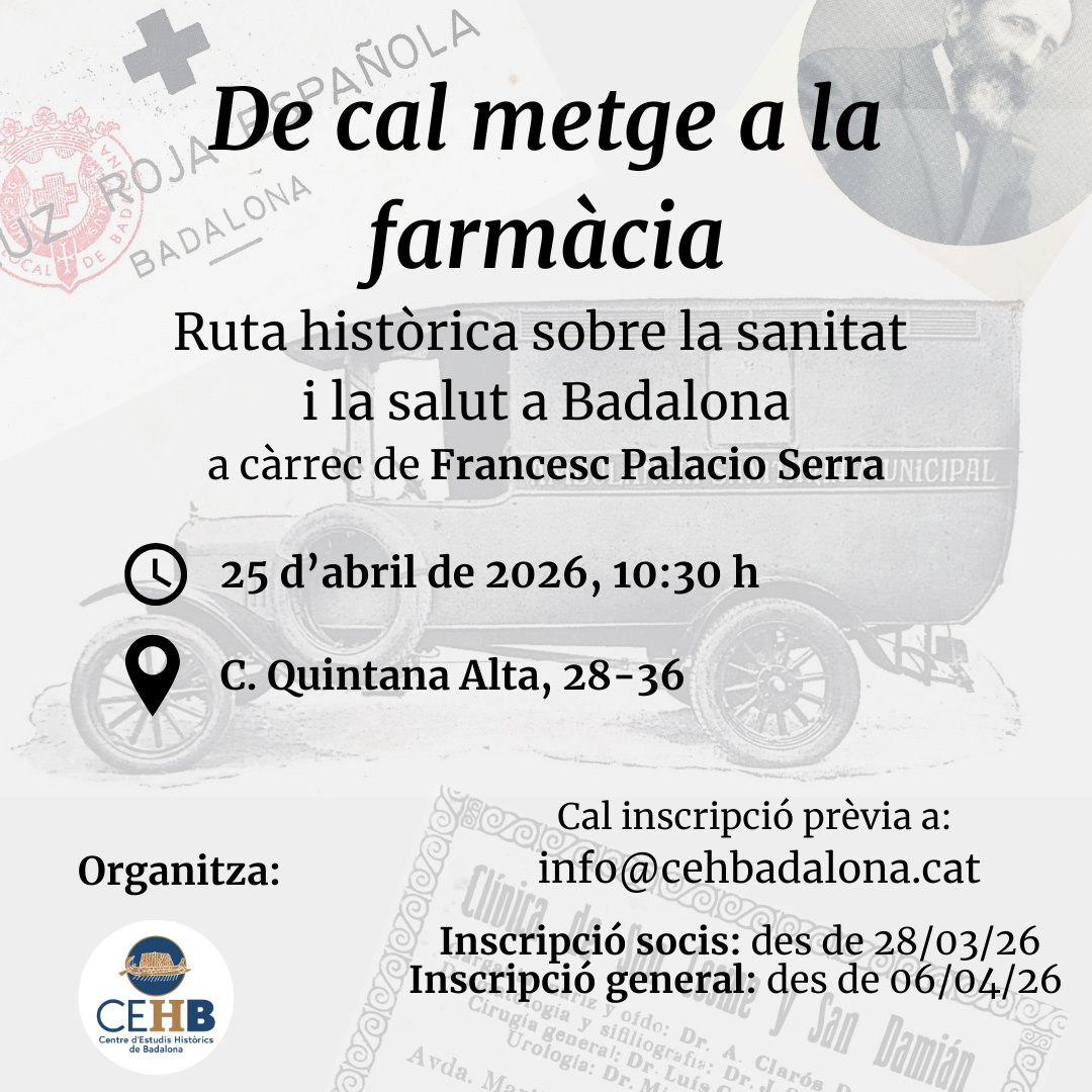 Us presenten la nova ruta 'De cal metge a la farmàcia', sobre l'evolució de la sanitat i la salut a #Badalona. De la mà del president de l'entitat, <a href="/FrancescPalacio/">Francesc Palacio Serra</a>.
🗓️ 25 abril 2026, 10:30 h
🏛️ C. Quintana Alta 28-36
Activitat gratuïta, amb inscripció prèvia, segons imatge.