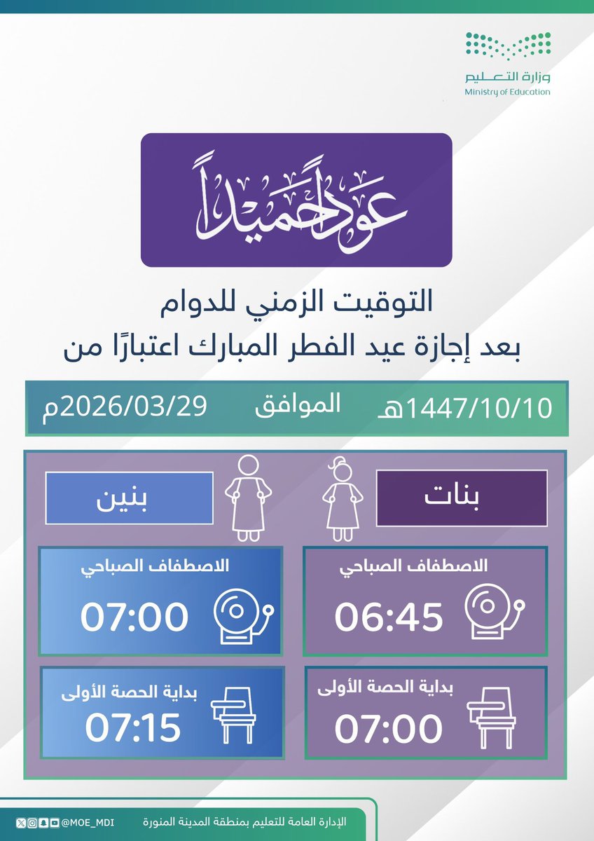 تعليم منطقة المدينة المنورة:

غداً عودة لدوام المدارس في المدينة المنورة ومحافظاتها وفق التوقيت الصيفي .. حيث تبدأ عطلة عيد الأضحى المبارك 28 ذوالقعدة بعد 7 أسابيع ..

- متمنين للجميع دوام التوفيق