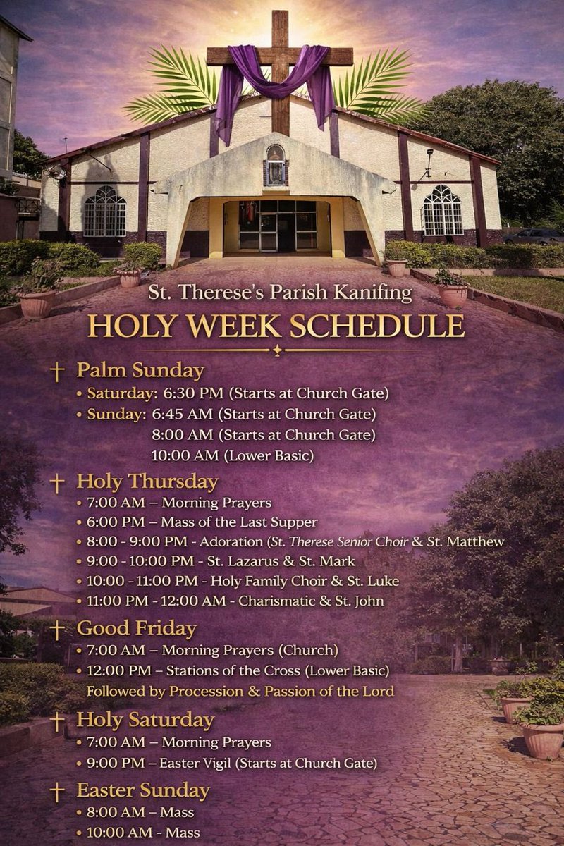 Holy Week is an intense period of spiritual preparation, prayers &amp; communion 🙏🏾
Join us this Holy Week and prepare well for Easter 💒

Here is the Holy Week Schedule 

Wishing you a blessed, reflective, quiet and fulfilling Holy Week!! ✝️🙏🏾

#waasttherese
#creamofthediocese
#lent