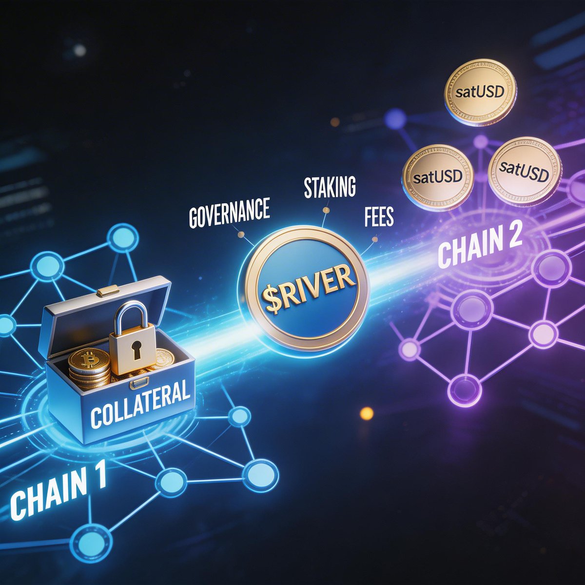 DTebias's tweet photo. @River4fun is building an omni-chain CDP platform where you can post collateral on Chain 1, mint $satUSD on Chain 2, and tap into native yield and liquidity across ecosystems. The $RIVER token is the core asset of this system, used for fees, staking, and governance. https://t.co/t2KuPkxM8Q