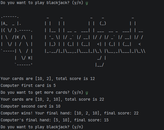 BogdanioAVT's tweet photo. 11th day of #100DaysOfCode with Python. BlackJack game done!

https://t.co/Q9xwBOFuS8 https://t.co/PzwsFNs6Qo