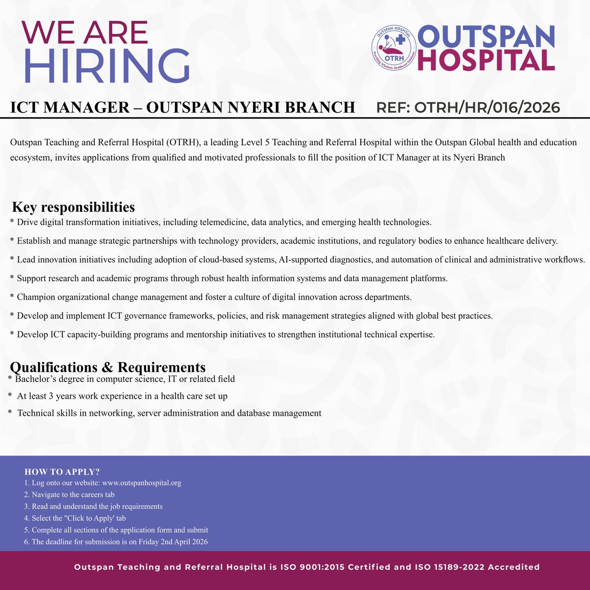 HospitalOutspan's tweet photo. #WeAreHiring
Join us as an ICT Manager and be part of a team driving innovation in healthcare through technology.
Deadline for application: Thursday, 2nd April
How to apply: Log into https://t.co/UJeZqqwXWl and navigate to the careers tab
#IKOKAZIOH
#ICTManager
#JobOpportunity https://t.co/1TwzeVs85Y