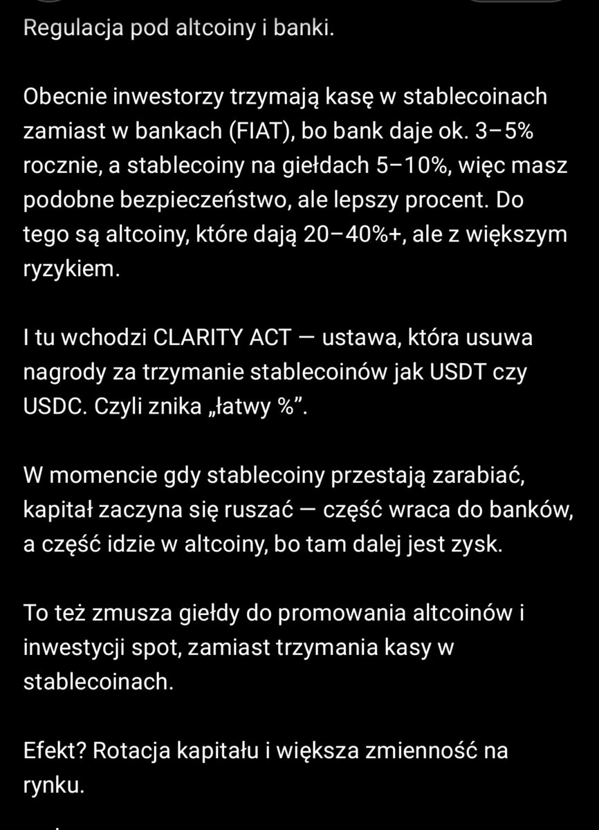 Bitcoin_Cyphers's tweet image. CLARITY ACT, regulacja #stablecoin która napędzi nam #hossa na rynku #kryptowaluty a najbardziej na #altcoin  . Obecnie tę ustawę blokuje #Coinbase który jest przeciwny, bo ich model funkcjonowania jest bardziej regulowany w USA, co powoduje mocne uderzenie zwłaszcza w USDC #btc