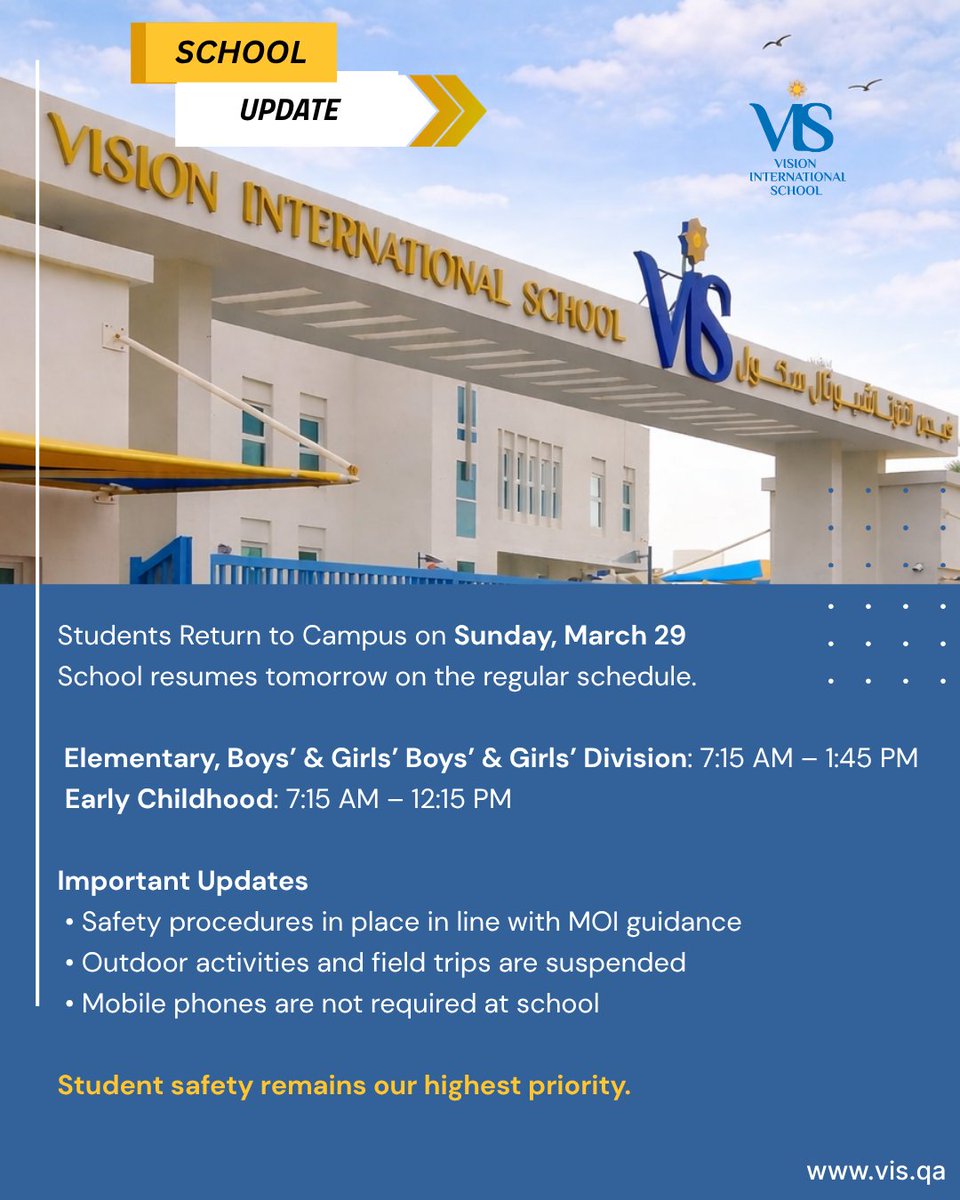 VISQatar's tweet photo. 🎉 Back to Regular On-Campus Classes Tomorrow!
After online learning, we’re excited to welcome our students back to school on the normal schedule 🏫✨
🎉 العودة إلى الدوام الاعتيادي غدًا!
بعد التعلم عن بعد، نتطلع لاستقبال طلابنا في الحرم المدرسي وفق الجدول المعتاد 🏫✨ https://t.co/03J5WJNo9H