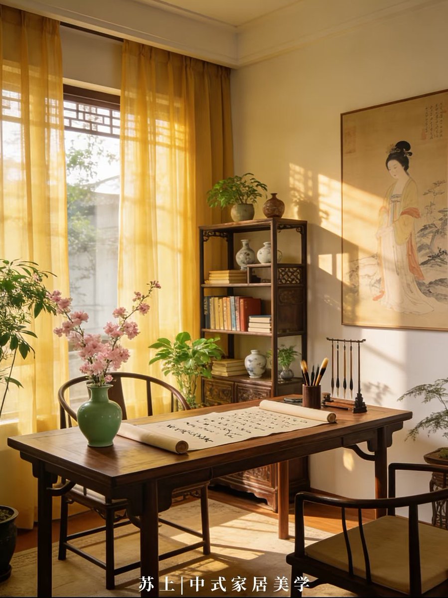 jiangnanshuixi6's tweet image. A serene Chinese-style study ✨
Warm sunlight, wooden furniture, and ink brushes—pure tranquility.
#ChineseStyle #HomeAesthetics #StudyInspo