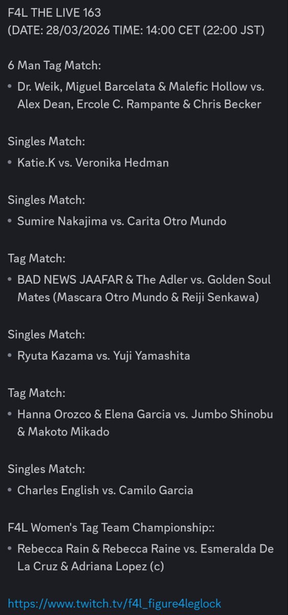 F4LonFPW's tweet photo. #F4L THE LIVE 163

DATE: 28/03/2026
TIME: 14:00 CET (22:00 JST) 

We will be LIVE on #Twitch! 📺

https://t.co/3vo2IZNT7F

#FirePro
#FireProWrestlingWorld
#eFed
#ファイプロ https://t.co/DGypvt6YXO