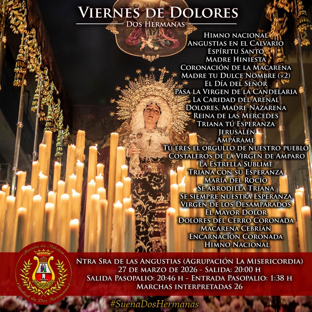 Os dejamos algunos datos  del espectácular Viernes de Dolores que vivimos ayer con Ntra Sra de las Angustias, de la Agrupación de la Misericordia de nuestra ciudad.
#SuenaDosHermanas