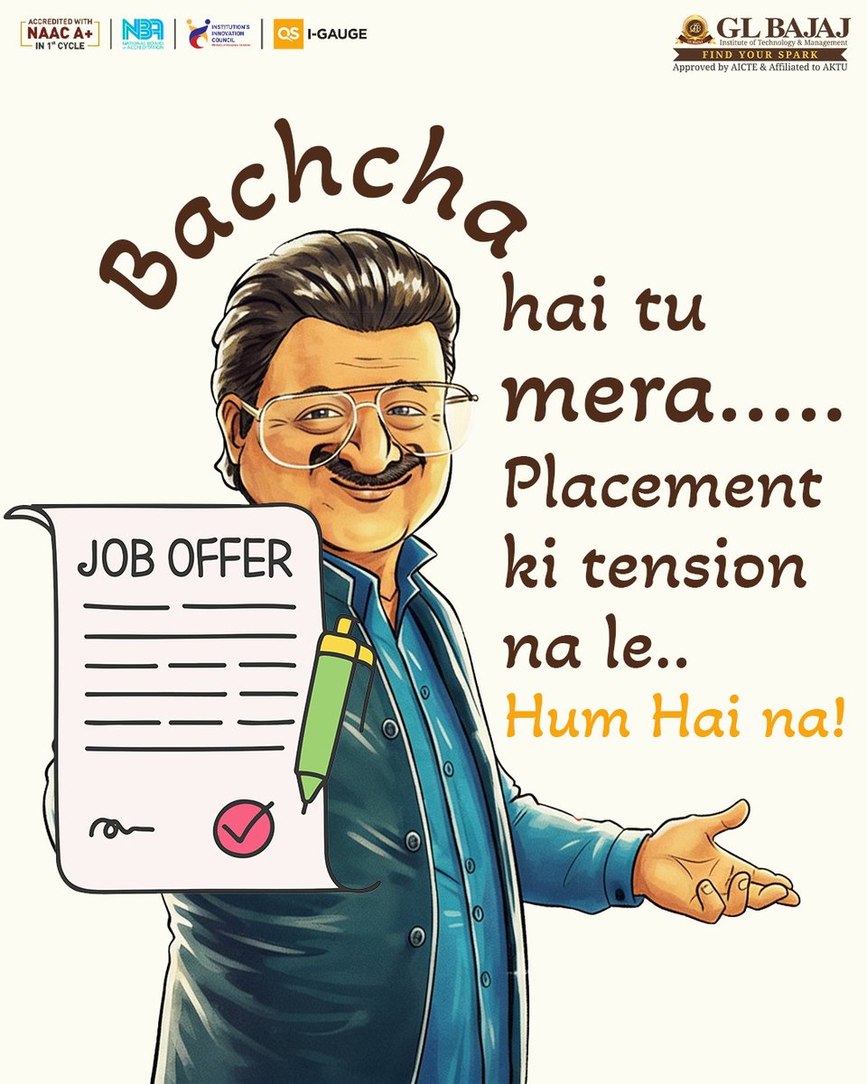 Placement ki tension? Ab bas confidence rakho!” 

At GL Bajaj, we prepare you for success. With top recruiters, industry-ready training, and support, your dream offer is closer than you think.

Because when it comes to your future… Hum Hai Na! 💛

#GLBajaj #glbajajlacement