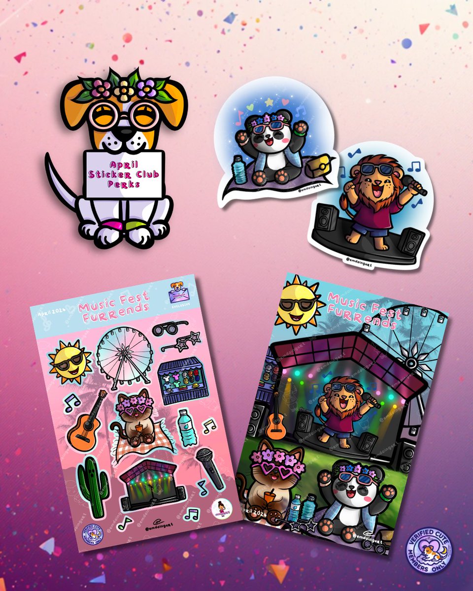 April’s Sticker Club perks are here! 🎶🌞
This month’s theme is Music Fest Furrends, inspired by the iconic music fests that pop up every spring. Sign ups for this theme close April 30th 
Join the club at emdoingart.com