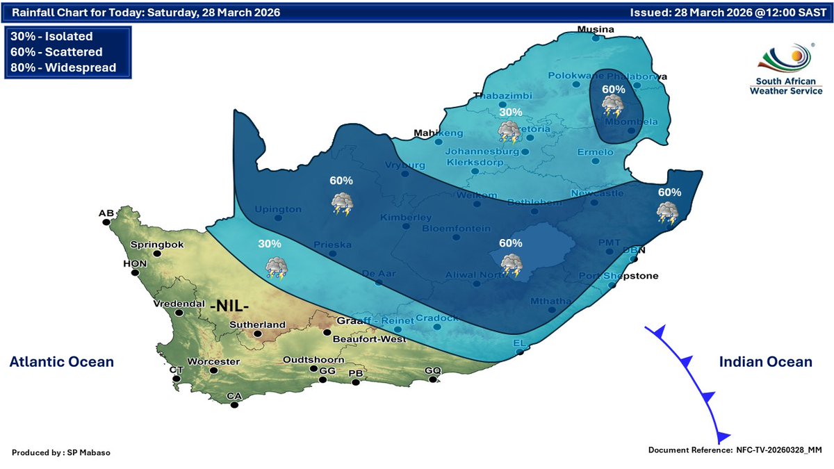 SAWeatherServic's tweet image. Weather forecast for today and tomorrow, 28-29 March 2026:
Partly cloudy and cool to warm with isolated to scattered showers and thundershowers but widespread in the extreme east ⚠️Severe thunderstorms
#saws #SAWeather #Warning #weatheroutlook
