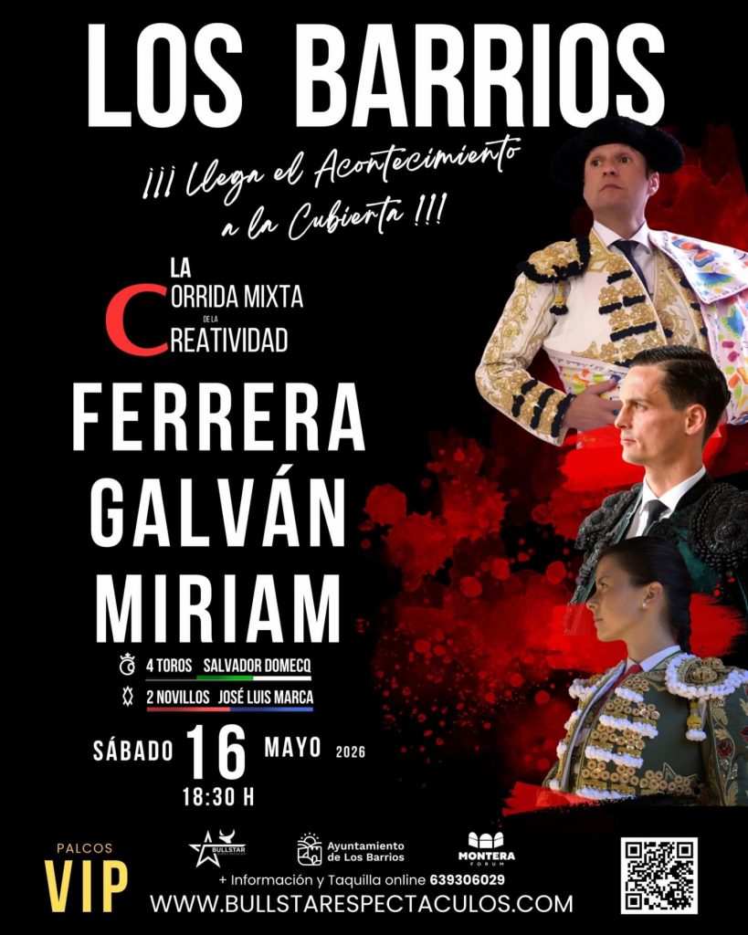 portaltaurino's tweet photo. Los Barrios presentan el cartel del próximo 16 de mayo por la Feria de San Isidro mixta con cuatro toros de Salvador Domecq y dos novillos de José Luis Marca para Antonio @ferrera_torero, @infodavidgalvan y la novillera @miriamcabas @portaltaurino https://t.co/uVEyMd2LIo