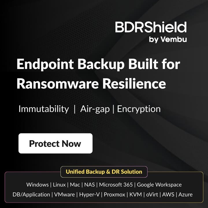 vembutech's tweet photo. BDRShield ensures endpoint backups with immutability, air-gap isolation, and encryption — so reliable recovery of data is always within reach.
https://t.co/rSMQ6bARtW
#EndpointBackup #RansomwareProtection #CyberResilience #ImmutableBackup #AirGappedBackup #BusinessContinuity #DataSecurity