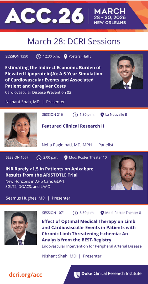DCRINews's tweet photo. Day 1 of #ACC26 is here! DCRI faculty are sharing the knowledge you need on #cvPrev, #AFib care, #cvACS, #cvPAD, and #cvMI, before capping off the day with a FIT Mix 'N' Mingle networking event. Learn more about DCRI’s thought leadership: https://t.co/FMz0TkJ9VL #CardioX https://t.co/0foqrxCzeI