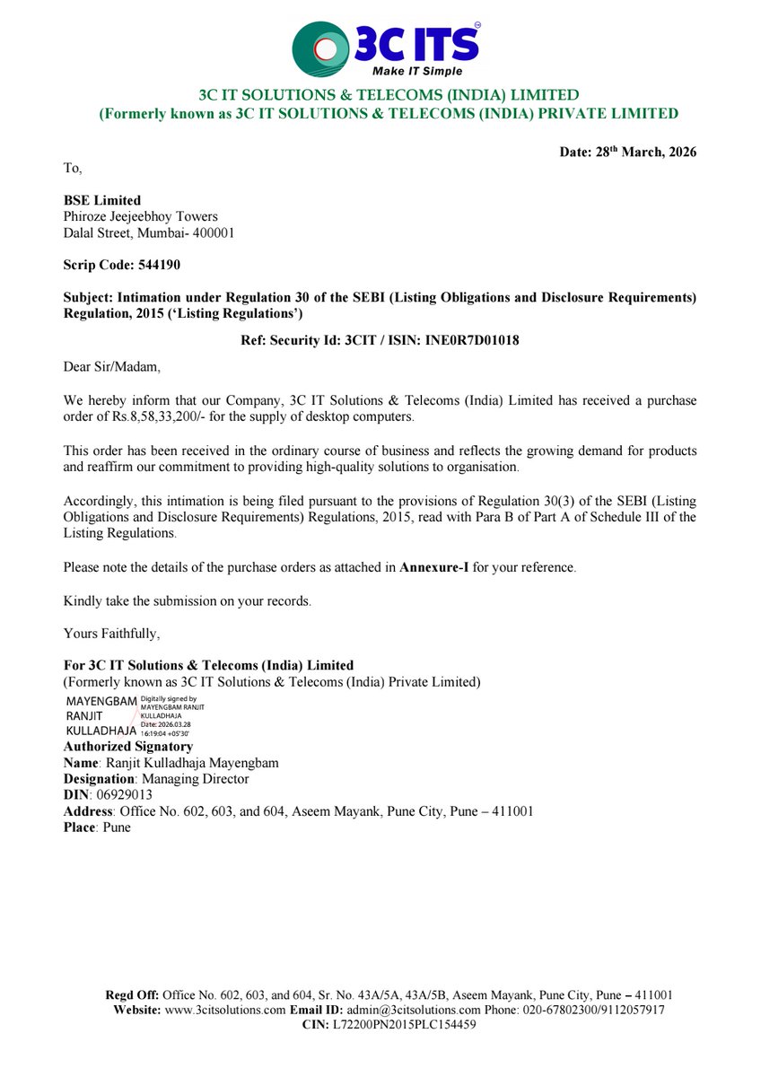 nileshkurhade's tweet photo. 📌 3C IT Solutions &amp; Telecoms (India) Limited informed the exchange about receiving a purchase order of ₹8,58,33,200/- from K J INFRA DEVELOPERS PRIVATE LIMITED for the supply of desktop computers. #SME #3CIT 💻🚀 https://t.co/Nb67Ym2hb1
