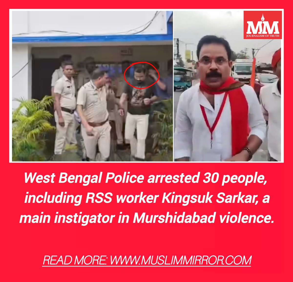 MuslimMirror's tweet photo. #UPDATE: West Bengal Police arrested 30 people, including RSS worker Kingsuk Sarkar, a main instigator in Murshidabad violence.
READ MORE: https://t.co/fW2bDfBJzG
#JangipurViolence, #HindutvaGoons, #RSSWorker, #Kingsuk, #Hate, #MurshidabadViolence https://t.co/nMxCinpVVr