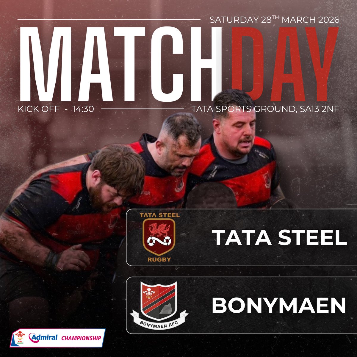 Bonymaenrugby's tweet photo. Match Day 🏉

📍TATA Sports Ground, SA13 2NF
⏰ 14:30
🆚 TATA Steel RFC
🏆Admiral Championship West

#UppaMaen #WRUcommunity https://t.co/V19MPqKG9K