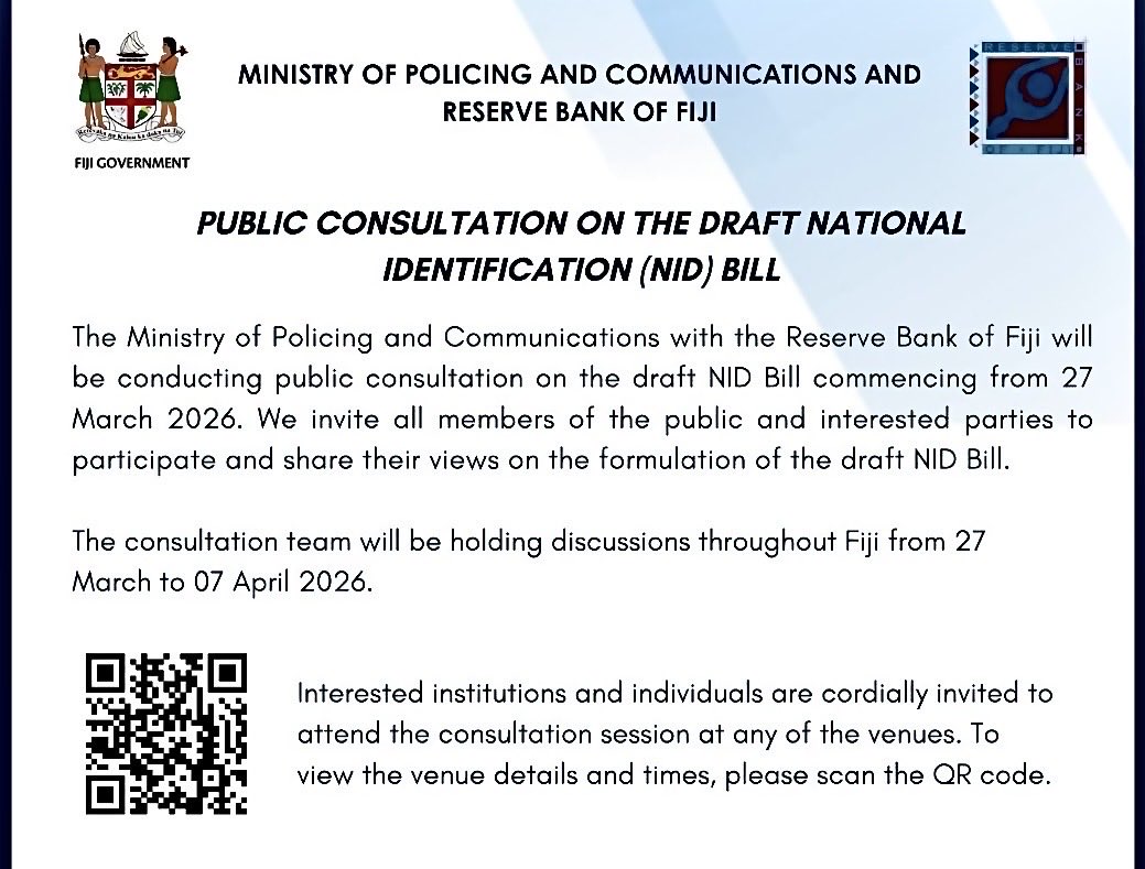 MOPC_Fiji's tweet image. Fiji is drafting a new National ID Bill and they want to hear from you. 🇫🇯

The consultation team is touring the country from now until April 7th. Check the QR code for venue details near you. 

#Fiji #NIDBill #PublicConsultation