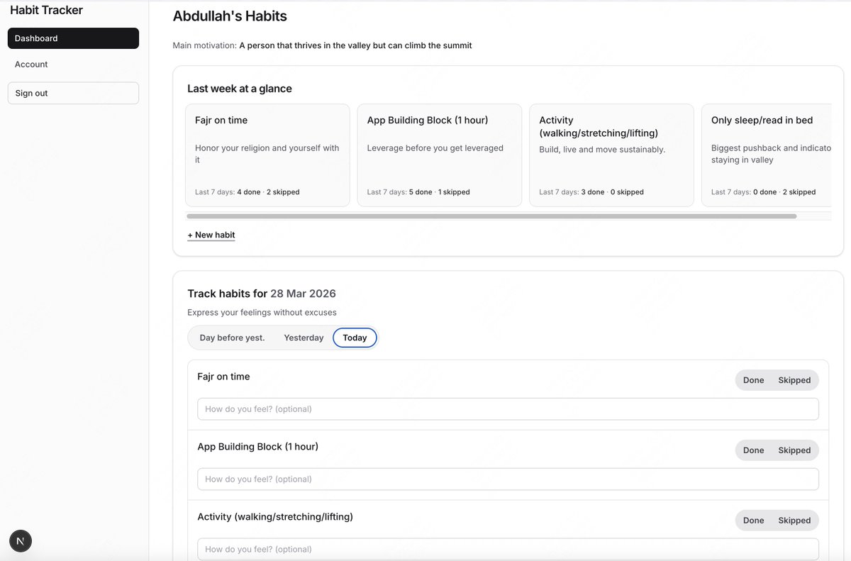 abwho_0's tweet photo. I really wanted my habits to stick so I am building a Habit tracker.

This is week 1 progress of building with Cursor. 

Welcome to any suggestions/comments! https://t.co/yR9himlWFZ