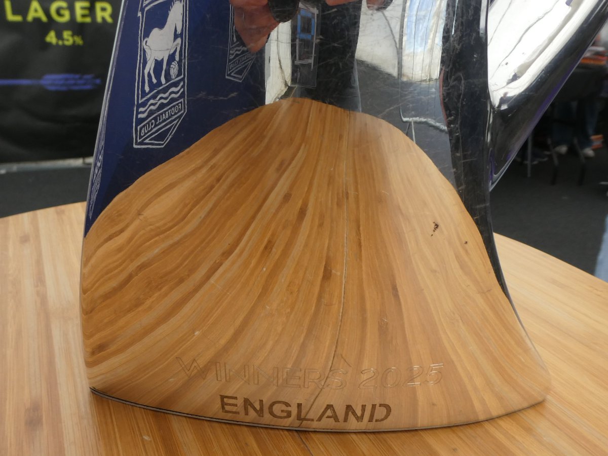 AsifBurhan's tweet photo. The UEFA Women's Euro trophy, with its new "Winners 2025" engraving next to England - is on display at Portman Road ahead of Ipswich Town's @BarclaysWSL2 match against Southampton #IPSSOU https://t.co/KDy3PdAAT1