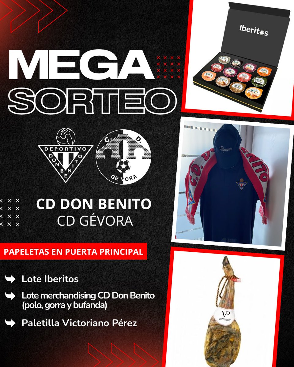 CDDonBenito_'s tweet photo. 🎁 Mañana tendremos nuevo #MEGASORTEO en el Vicente Sanz ‼️

🎟️ Las papeletas se podrán adquirir en la puerta principal del estadio antes del comienzo del #DonBenitoGévora.

Agradecer a @Iberitos y a Victoriano Pérez la colaboración 🔴⚪️

#JuntosVolveremos https://t.co/EA4lLqGDZL