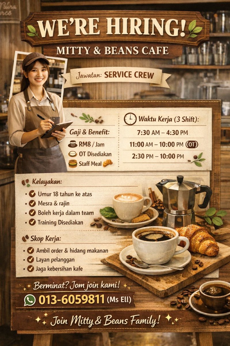 moustrate's tweet photo. Looking for part-time service crew! 💼 RM8/hr + OT. 3 shifts: 7:30am-4:30pm, 11am-8pm, 4pm-12am. PM or WhatsApp 0136059811 untuk join team kami! https://t.co/J2zTSGy8px