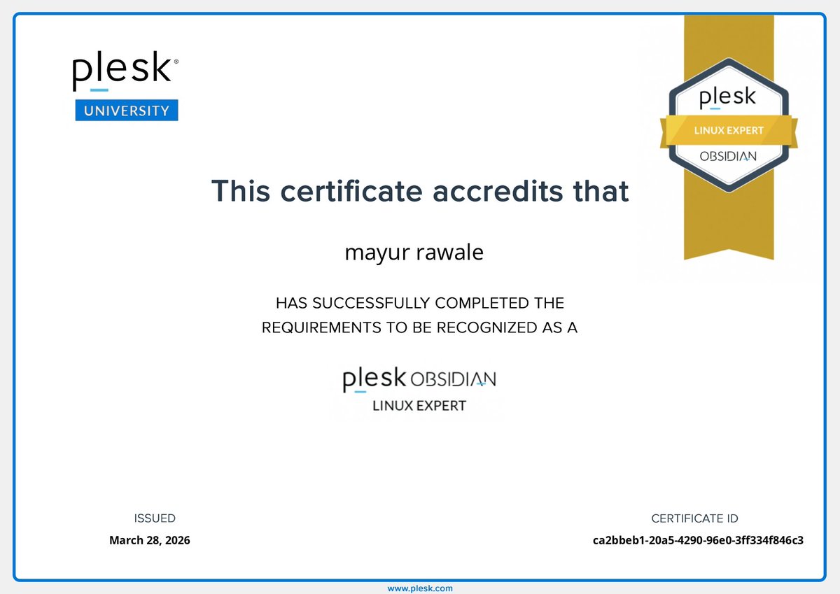 RawaleMayur's tweet image. Just completed Course
Plesk Obsidian for Linux Expert Certification 
#plesk #Linux