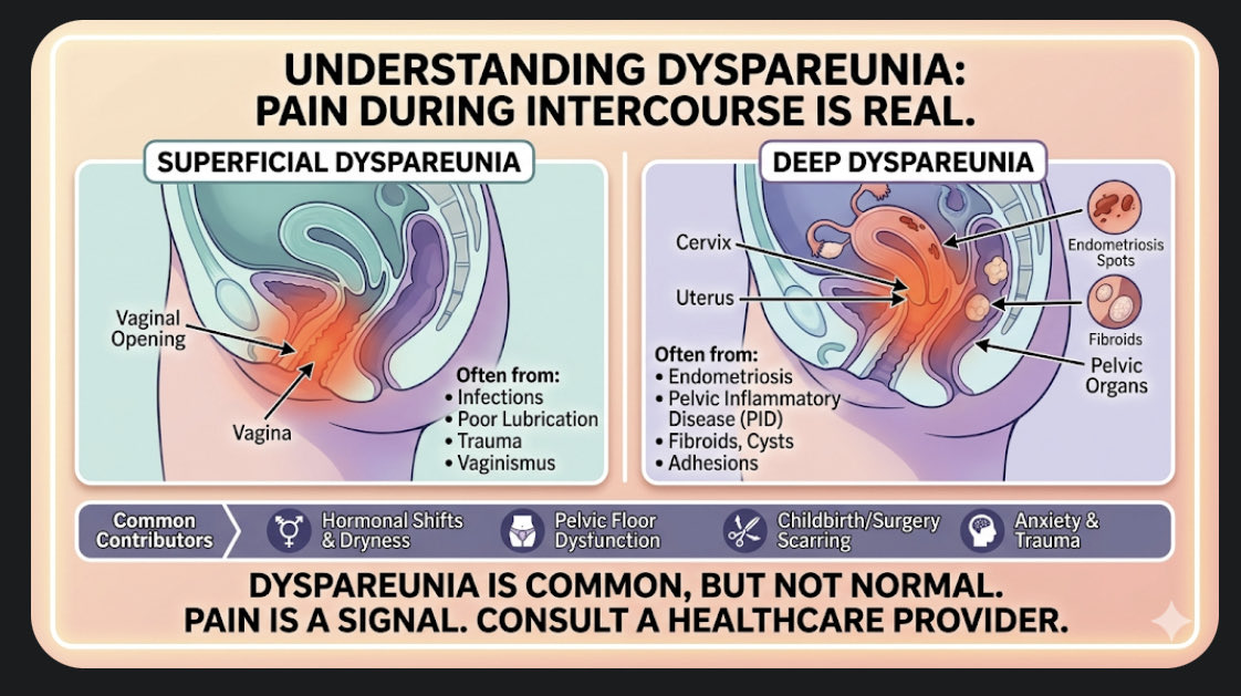 🩸 Dyspareunia: Pain During Sex Is Real And It’s Not “In Your Head”  

Persistent or recurrent pain during intercourse is a legitimate medical condition.  

As shown in the image below:  
🔹 Superficial dyspareunia : pain at the vaginal opening (often from infections, poor