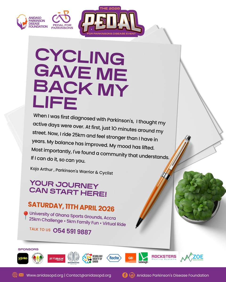 NeurologyGhana's tweet image. Why cycle? Here is why!

Join us!

📍 University of Ghana Sports Grounds, Accra
Sat, 11th April 2026
7am!

Pedaling to make a difference!

#PedalForParkinsons #Move4PD #Yenko #ParkinsonsAwareness #RideForACause #Together4PD #ParkinsonsAwareness