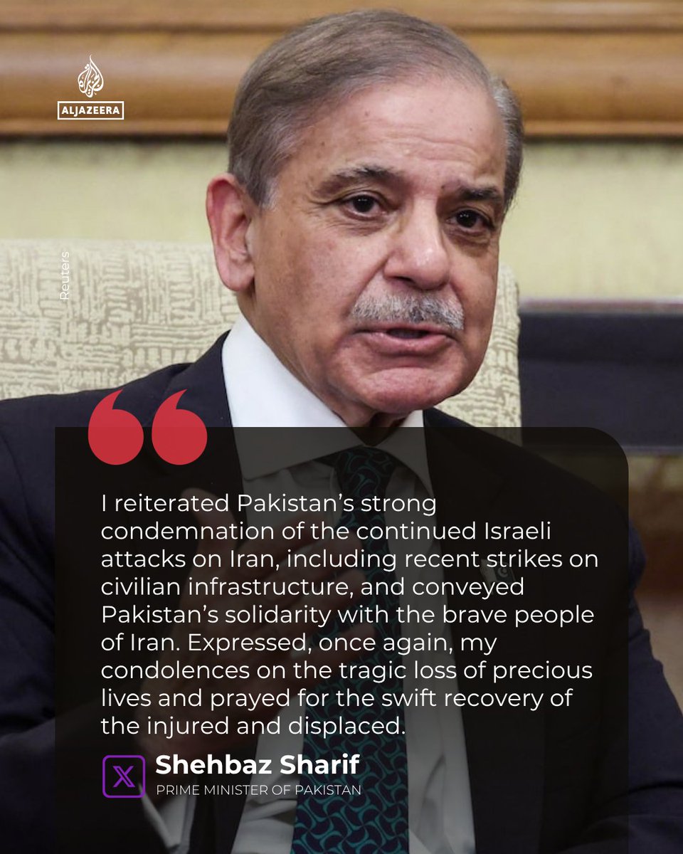 AJEnglish's tweet photo. Pakistan's PM Shehbaz Sharif held a call with Iran’s President Masoud Pezeshkian, reiterating strong condemnation of Israeli attacks on Iran.

He expressed solidarity with the Iranian people and offered condolences for the lives lost.

🔴 LIVE updates: https://t.co/139mSEE9Ru https://t.co/Tlb1dJXuF0
