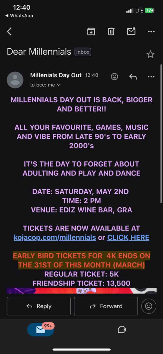 Ola33337Obajimi's tweet photo. Millennials day out really srs oh ๐๐๐
Just received a mail from them
Anyways we out ๐ซ ๐ซ ๐ซ ๐ซ ๐ซ
#millennialsday https://t.co/lgNIXmqq8j