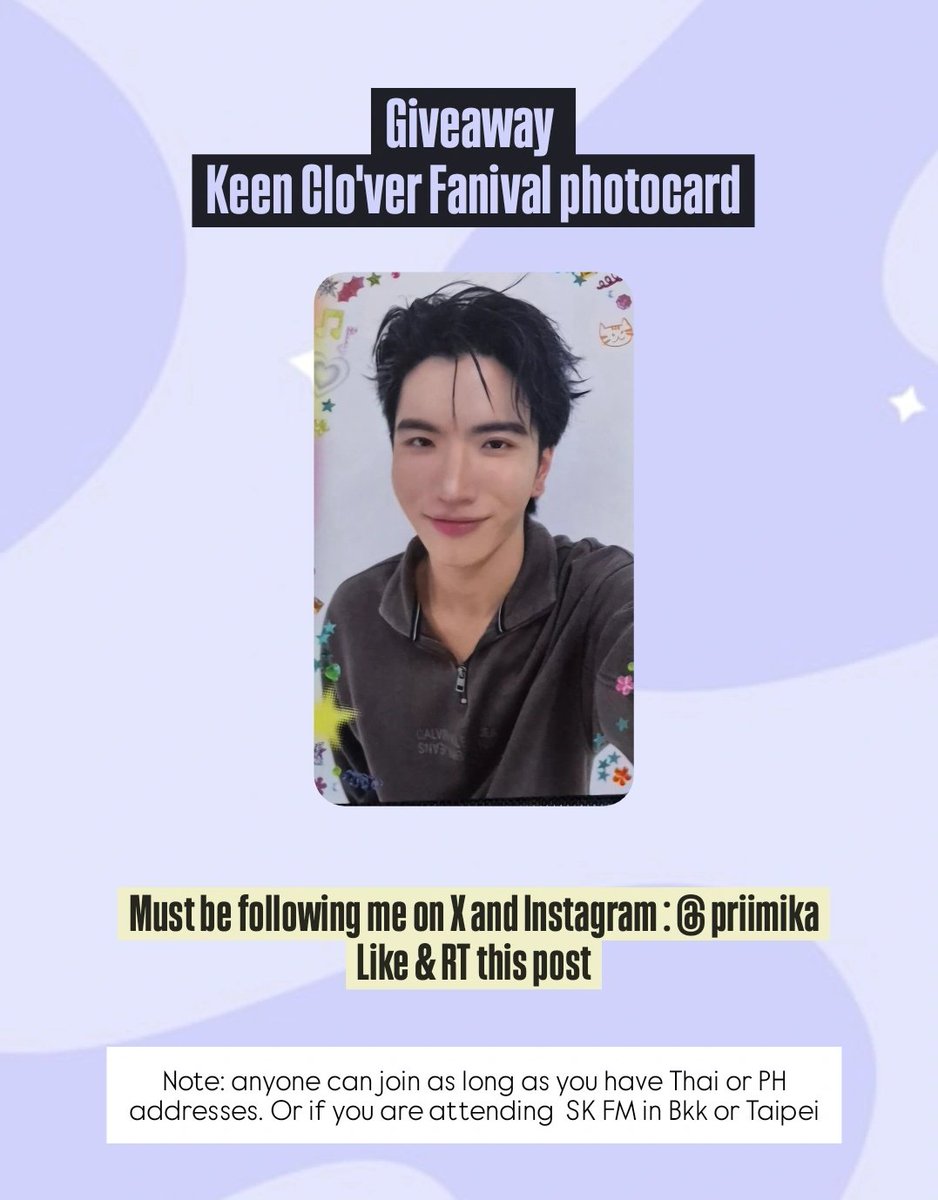 🍀𝙆𝙀𝙀𝙉 𝘾𝙡𝙤'𝙫𝙚𝙧 𝙥𝙝𝙤𝙩𝙤𝙘𝙖𝙧𝙙 𝐆𝐢𝐯𝐞𝐚𝐰𝐚𝐲🍀

-Follow me on X and IG (priimika)
-RT &amp; Like this post

Ends: April 4

#GMMTVFANIVAL2026 #keenkeno #CLO_VER #seakeen