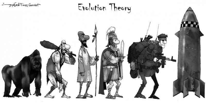 cartoonmovement's tweet image. Evolution theory. Cartoon by @FaresGarabet: buff.ly/otLhNNf

#evolution #war #humanity