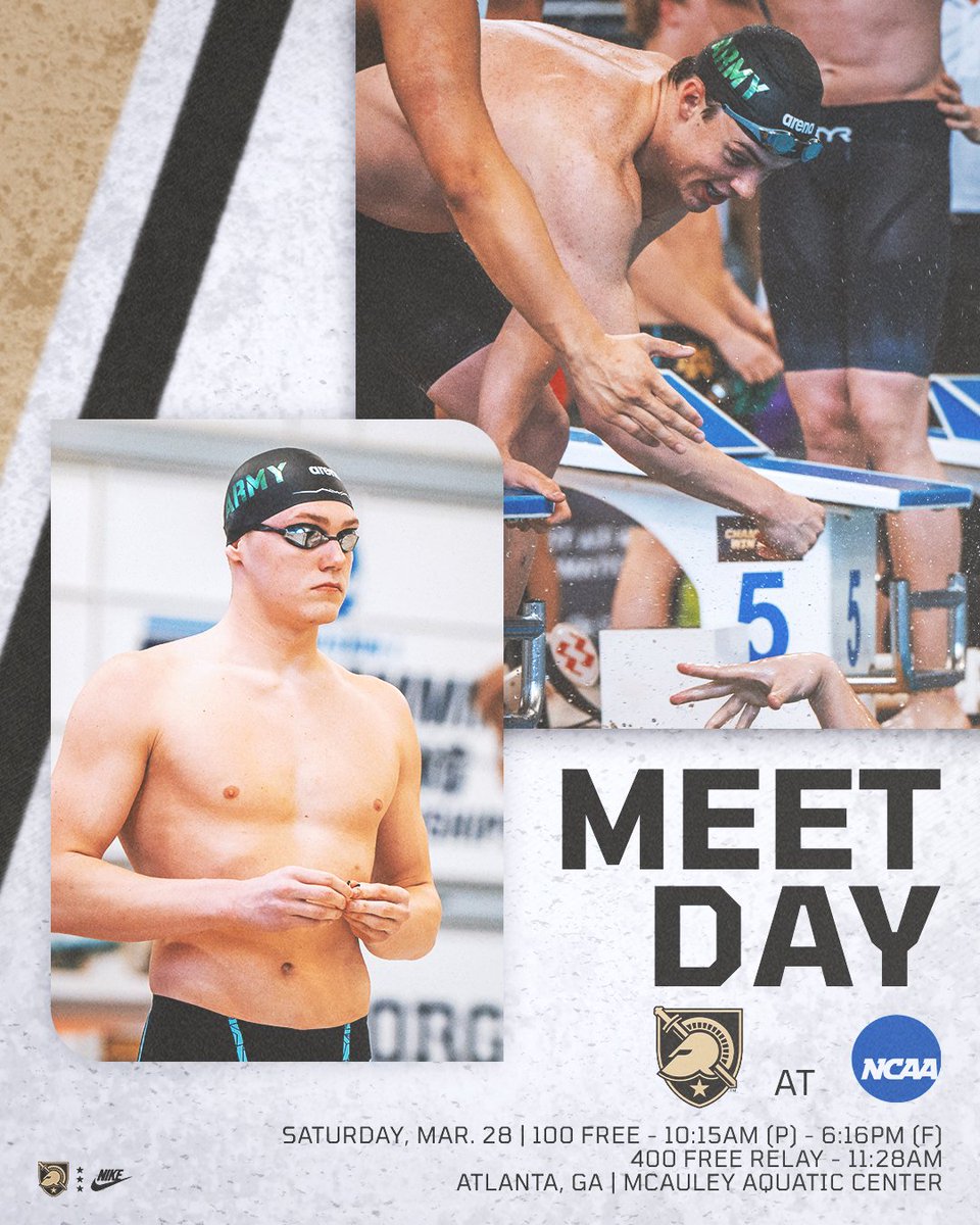 ArmyWP_SwimDive's tweet photo. Locked in for the final day of NCAAs ‼️
 
🆚 NCAA DI Championships 
📍 Atlanta, Ga. 
🏟️ McAuley Aquatic Center 
⏰ 100 free - 10:15 a.m. (P)/6:16 p.m. ET (F) 
⏰ 400 free relay - 11:28 a.m. ET
📺 https://t.co/UWeAojbTB0 

#GoArmy | #RelentlessPursuit https://t.co/TyOfAHgFN3
