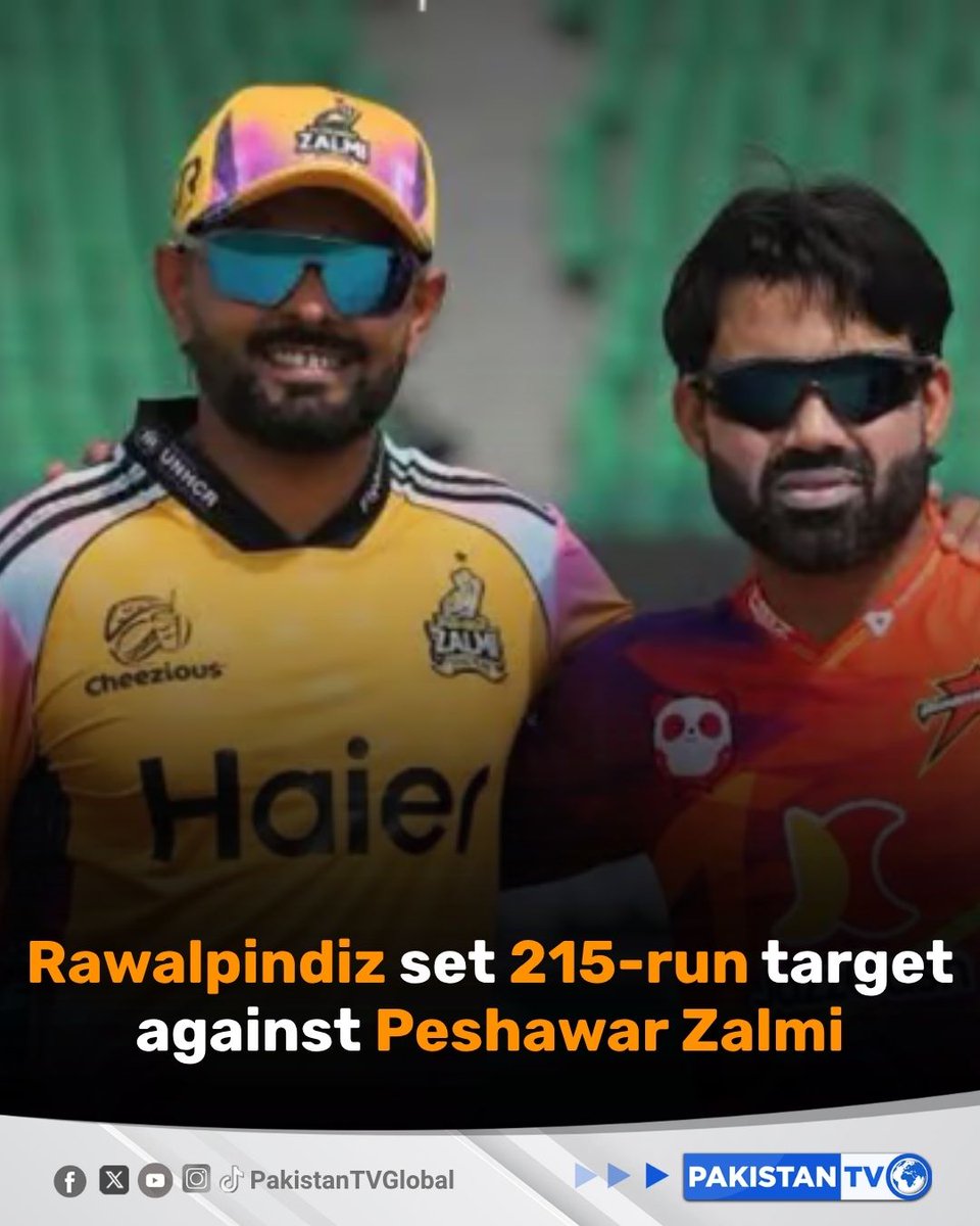 PakTVGlobal's tweet image. Rawalpindiz post a formidable total of 215, setting a challenging target for Peshawar Zalmi in their PSL clash.

#RawalpindiZalmi #PSL2026 #CricketFever #HighScoreChallenge #PakistanTV #PakistanTvglobal