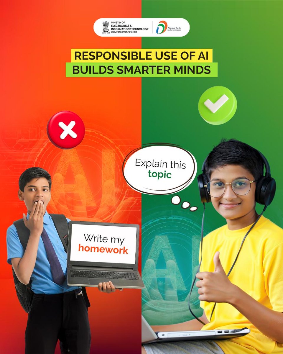 GoI_MeitY's tweet image. AI can give you answers and write your homework in seconds… but true learning comes from understanding.
Choose growth over shortcuts. Use AI to explore, question, and learn—because real knowledge stays with you.

#ResponsibleAI #AIForGood #LearnWithAI #DigitalIndia