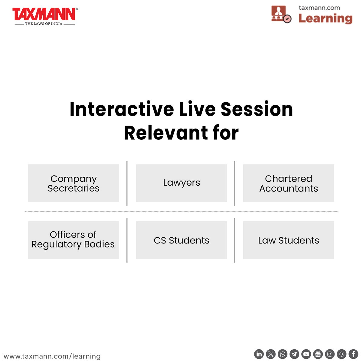 #TaxmannWebinar #CorporateLawsAmendmentBill2026

Register Now for Taxmann.com | Learning—Webinar – Corporate Laws (Amendment) Bill 2026 | Clause-by-Clause Analysis &amp; Impact on Companies and LLPs

📅 2nd April 2026 (Thursday) | 05:00 PM – 06:30 PM (IST)
💻 Register Now