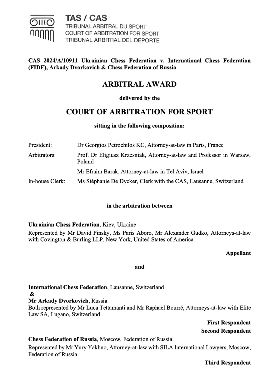 Ant1Duval's tweet image. On another #Sportslaw note, #CAS released an interesting award in a case opposing the Ukrainian chess federation to #FIDE &amp;amp; the Russian federation, concerning Russian competitions in occupied Ukrainian territories. 

Full text of the award available at tas-cas.org/generated/asse…