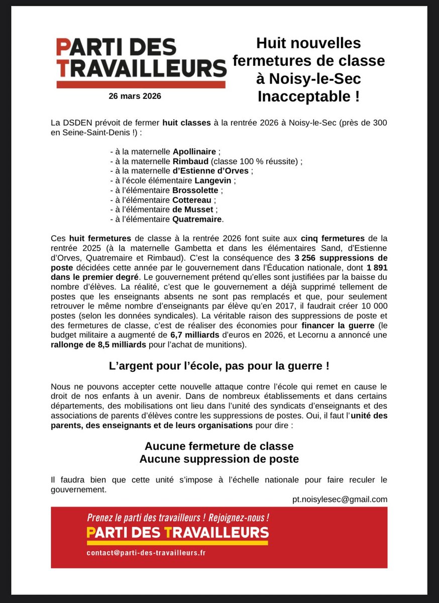 Une commune du 93, 8 fermetures de classes… à l’échelle du département ce sont 381 fermetures de classes ou de dispositifs (Ulis, UPE2A…) uniquement dans le 1er degré ! Quel avenir pour vos enfants, nos élèves ? Tous en grève le 31 mars !