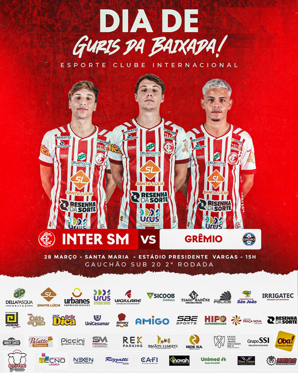 intersmoficial's tweet photo. 𝐇𝐨𝐣𝐞 𝐞́ 𝐝𝐢𝐚 𝐝𝐞 𝐀𝐥𝐯𝐢𝐫𝐫𝐮𝐛𝐫𝐨! 🇦🇹🦖

🏆 Gauchão Sub-20 A1
🆚 Grêmio 
🗓️ Sábado (28) | 15:00
🏟️ Baixada

#InterSM #Alvirrubro #GurisDaBaixada https://t.co/RYHll7wGMW