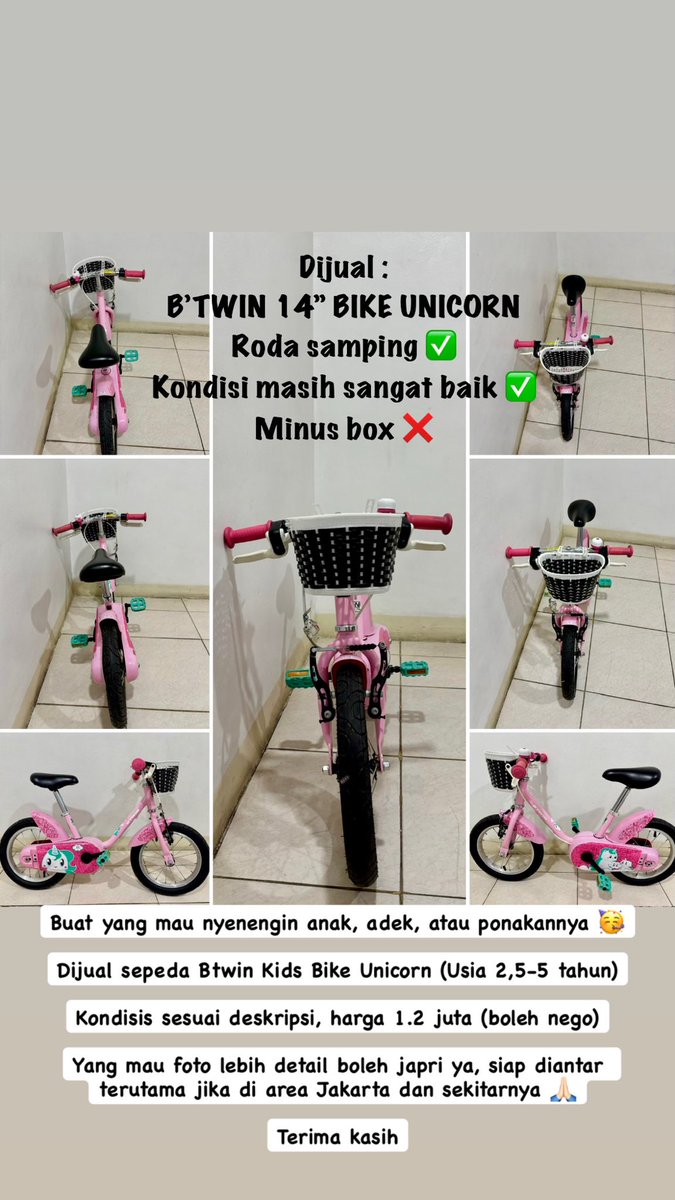 Halo rekans2

Dijual sepeda Decathlon Btwin Kids Bike 14” second.

Kondisi sesuai deskripsi dan InsyaAllah dilepas di harga 1.2 juta (terbuka untuk nego), silahkan japri untuk foto yang lebih detail 🙏🏻

Siap diantar terutama untuk daerah Jakarta, terima kasih rekan 😁🙏🏻