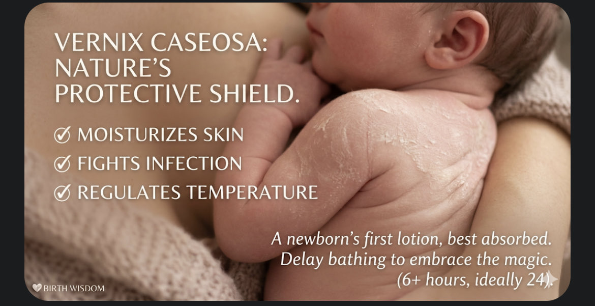 That creamy white coating on a newborn? It’s not dirt it’s vernix caseosa.  

Right after birth, many babies are covered in this natural, protective “lotion” made by their own body.  

✔️ Protects baby’s delicate skin while in the womb  
✔️ Acts as a barrier against infections